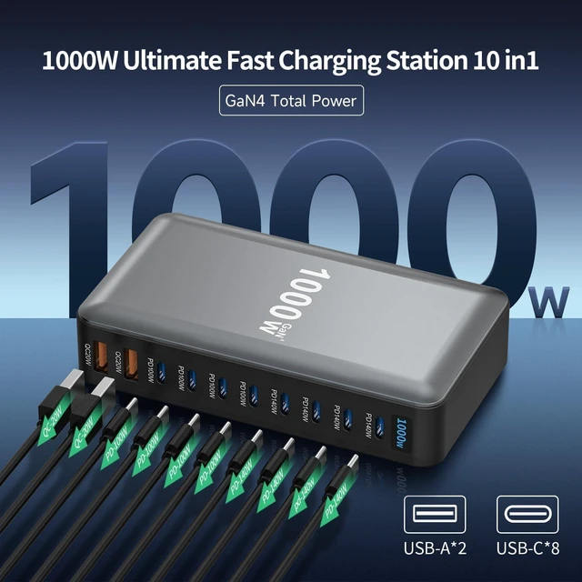 Alt view image 4 of 5 - Famous Tech Shop 1000W GaN 10-Port USB-C Charging Station with 240W Cable, Fast Desktop Charger for Laptops, Tablets, Phones, Gaming Consoles