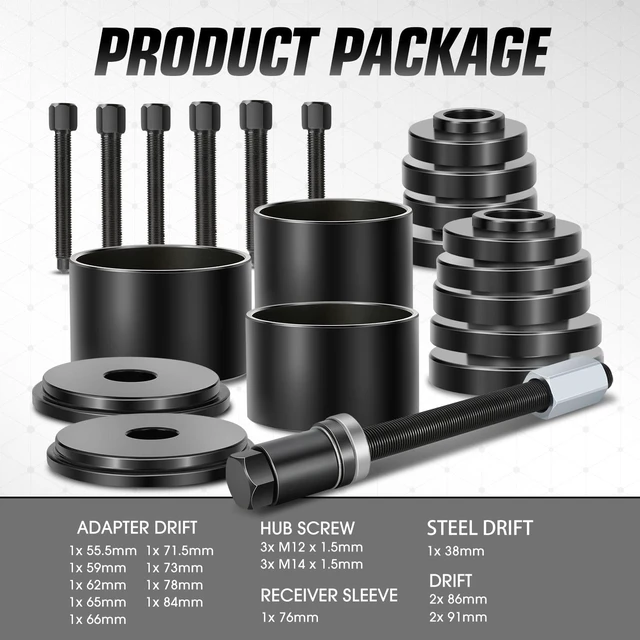 Alt view image 3 of 7 - 19pcs Front Wheel Bearing Press kit Bearing Puller Tools Wheel Drive Bearing Removal Tool Kit with Sliding Screws Universal Bushings Sleeves Storage Case, TOOLS-00782