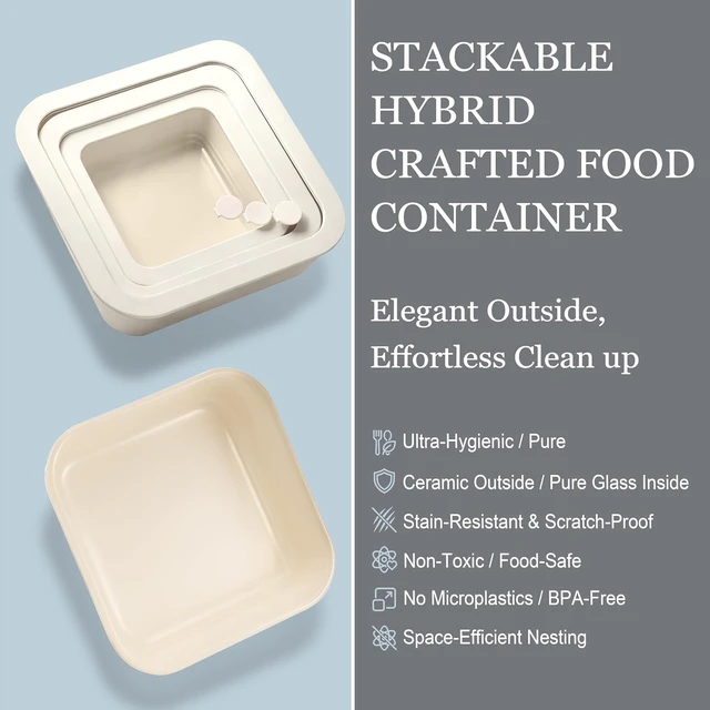 Alt view image 5 of 7 - Ceramic Coated Glass Food Storage Container with Airtight Glass Lid, Large Rectangle Meal Prep Container, 48oz, Microwave and Oven Safe Non-Toxic Lunch Box, Cream color