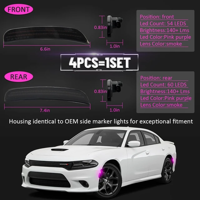 Alt view image 4 of 7 - LED Side Marker Lights for Dodge Charger 2015-2023, Smoked Lens Front&Rear Bumper Turn Signal Lamp Assembly Kit accessories,Pack of 4(Pink Purple)