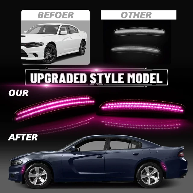 Alt view image 7 of 7 - LED Side Marker Lights for Dodge Charger 2015-2023, Smoked Lens Front&Rear Bumper Turn Signal Lamp Assembly Kit accessories,Pack of 4(Pink Purple)