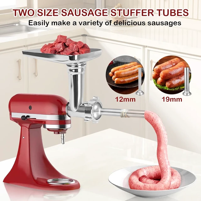 Alt view image 3 of 7 - Meat Grinder & Slicer Shredder Attachments for KitchenAid Stand Mixer, Meat Grinder with 2 Size Sausage Stuffer Tubesand and 4 Types Slicer Shredder Combination Set for Mincing Meat/Chopping Food