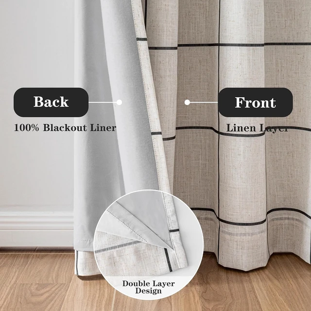 Alt view image 3 of 7 - 100% Blackout Plaid Farmhouse Linen Curtains 84 Inch Long 2 Panels Set for Living Room Double Layer Windowpane Drapes Thermal Insulated Privacy Protection Rod Pocket Back Tab, 52" W, Black