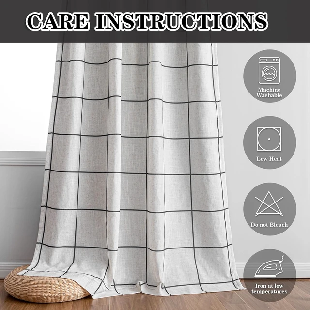 Alt view image 7 of 7 - 100% Blackout Plaid Farmhouse Linen Curtains 84 Inch Long 2 Panels Set for Living Room Double Layer Windowpane Drapes Thermal Insulated Privacy Protection Rod Pocket Back Tab, 52" W, Black