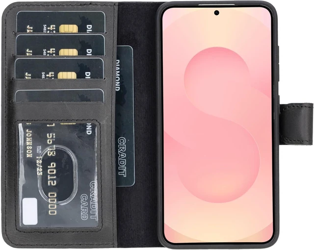 Main image of Premium Leather Handmade Wallet Case Compatible with Galaxy - Detachable Magnetic Flip Cover with Card Holder & Kickstand (Black, Galaxy S26 Plus)