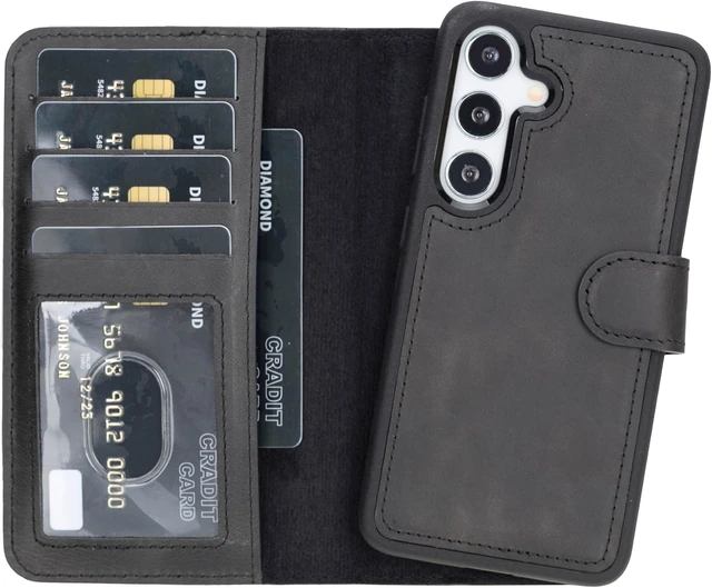 Alt view image 2 of 7 - Premium Leather Handmade Wallet Case Compatible with Galaxy - Detachable Magnetic Flip Cover with Card Holder & Kickstand (Black, Galaxy S26 Plus)