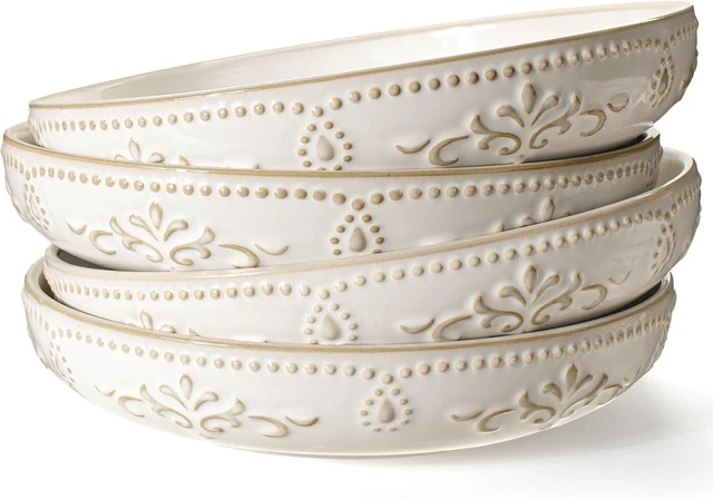 Main image of Pasta Bowls, 50oz Large Salad Serving Bowls, 9.75'' Plates Bowl Set of 4, Big White Ceramic Soup Bowl for Kitchen, Embossment Shallow Dinner Bowl, Microwave Dishwasher Safe, Damask Floral