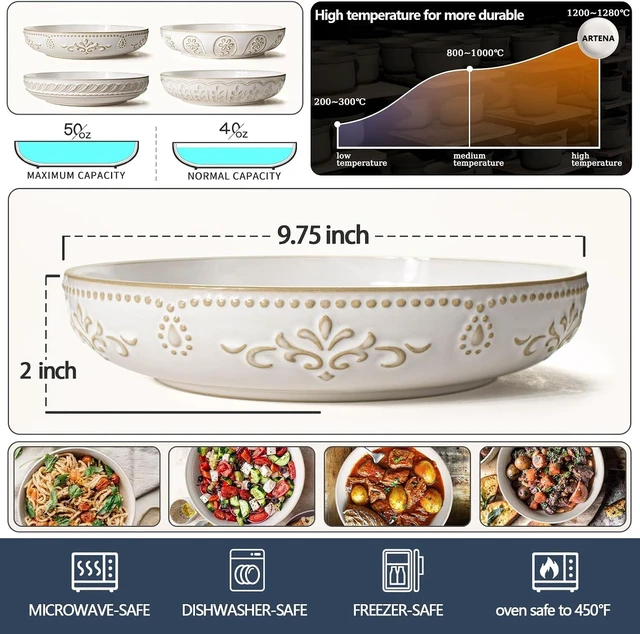 Alt view image 3 of 7 - Pasta Bowls, 50oz Large Salad Serving Bowls, 9.75'' Plates Bowl Set of 4, Big White Ceramic Soup Bowl for Kitchen, Embossment Shallow Dinner Bowl, Microwave Dishwasher Safe, Damask Floral