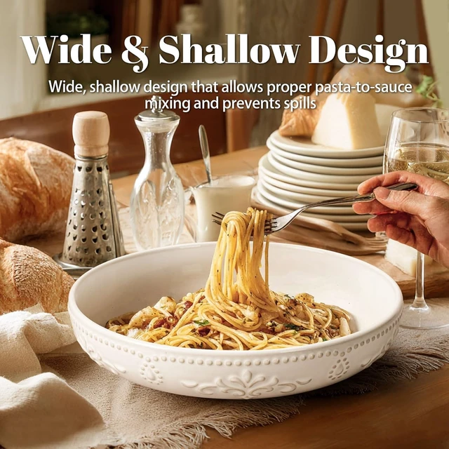 Alt view image 4 of 7 - Pasta Bowls, 50oz Large Salad Serving Bowls, 9.75'' Plates Bowl Set of 4, Big White Ceramic Soup Bowl for Kitchen, Embossment Shallow Dinner Bowl, Microwave Dishwasher Safe, Damask Floral