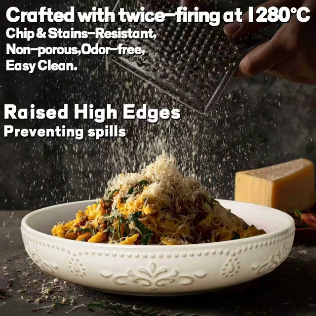 Alt view image 5 of 7 - Pasta Bowls, 50oz Large Salad Serving Bowls, 9.75'' Plates Bowl Set of 4, Big White Ceramic Soup Bowl for Kitchen, Embossment Shallow Dinner Bowl, Microwave Dishwasher Safe, Damask Floral