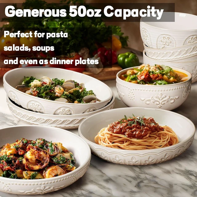 Alt view image 6 of 7 - Pasta Bowls, 50oz Large Salad Serving Bowls, 9.75'' Plates Bowl Set of 4, Big White Ceramic Soup Bowl for Kitchen, Embossment Shallow Dinner Bowl, Microwave Dishwasher Safe, Damask Floral