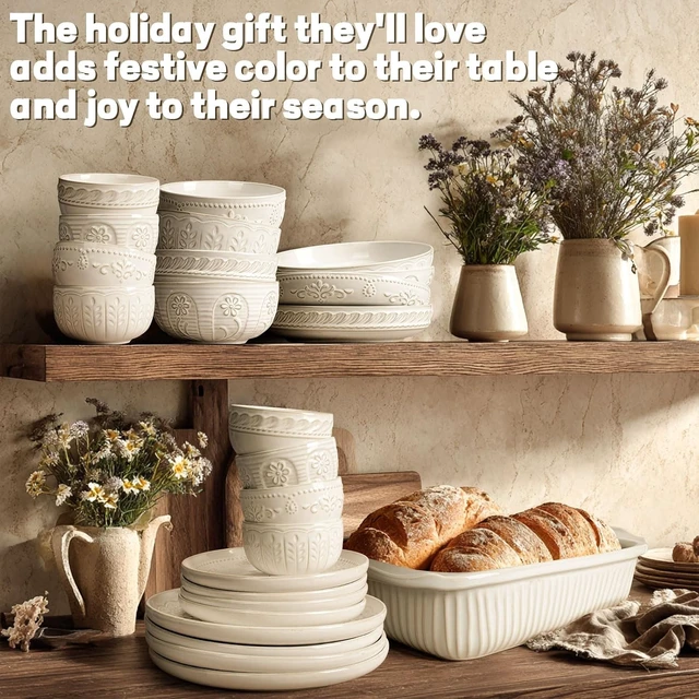 Alt view image 7 of 7 - Pasta Bowls, 50oz Large Salad Serving Bowls, 9.75'' Plates Bowl Set of 4, Big White Ceramic Soup Bowl for Kitchen, Embossment Shallow Dinner Bowl, Microwave Dishwasher Safe, Damask Floral