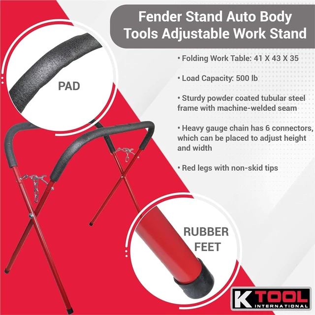 Alt view image 5 of 7 - 79750 Automotive Fender Stand for Garages, Repair Shops, and DIY, 41" x 43" x 35", 500 lbs. Capacity, Adjustable, Padded, Powder-Coated Tubular Steel, Rubber Feet, Red/Black