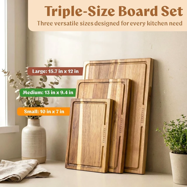 Alt view image 2 of 7 - Acacia Wood Cutting Boards for Kitchen Set of 3, Juice Groove
