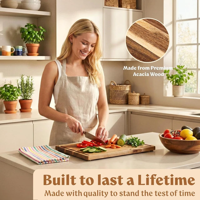Alt view image 3 of 7 - Acacia Wood Cutting Boards for Kitchen Set of 3, Juice Groove