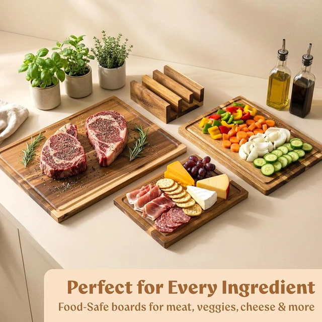 Alt view image 4 of 7 - Acacia Wood Cutting Boards for Kitchen Set of 3, Juice Groove