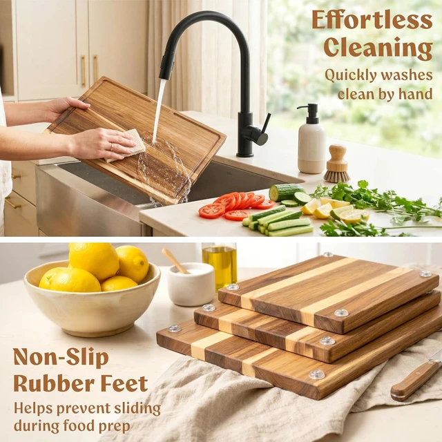 Alt view image 7 of 7 - Acacia Wood Cutting Boards for Kitchen Set of 3, Juice Groove