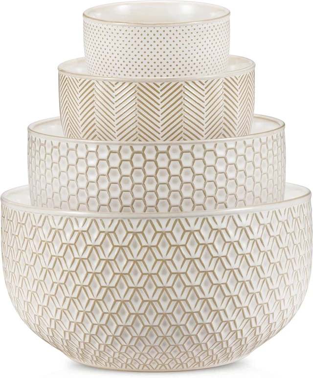 Main image of Ceramic Nesting Bowls, Embossed, Oven Safe, Set of 4, Ivory