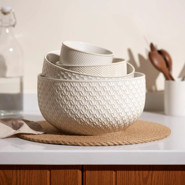 Alt view image 2 of 7 - Ceramic Nesting Bowls, Embossed, Oven Safe, Set of 4, Ivory