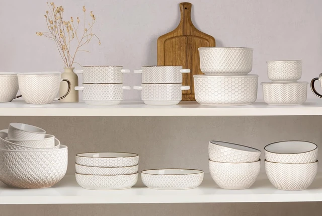 Alt view image 5 of 7 - Ceramic Nesting Bowls, Embossed, Oven Safe, Set of 4, Ivory