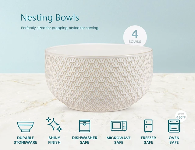 Alt view image 6 of 7 - Ceramic Nesting Bowls, Embossed, Oven Safe, Set of 4, Ivory