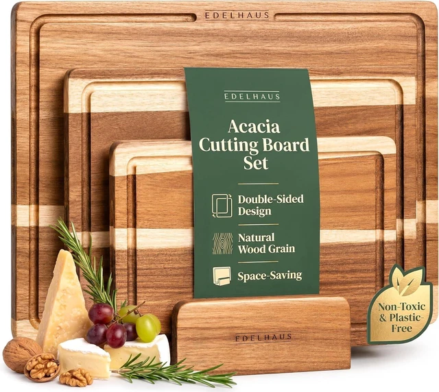 Main image of Acacia Wood Cutting Boards for Kitchen Set of 3, Double sided