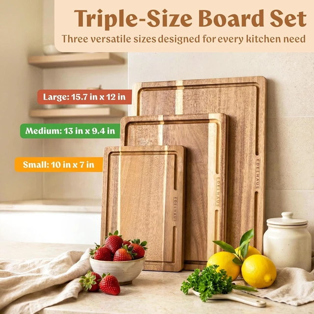 Alt view image 2 of 7 - Acacia Wood Cutting Boards for Kitchen Set of 3, Double sided