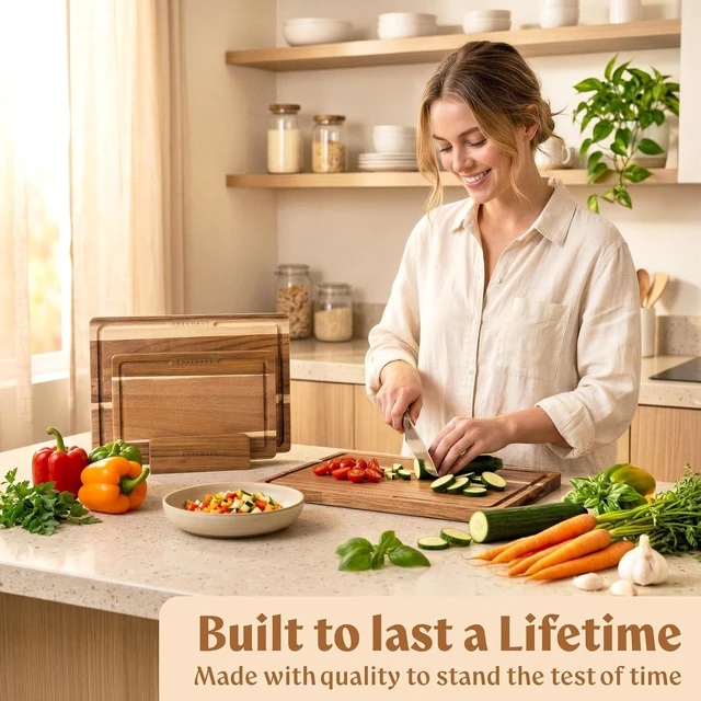 Alt view image 3 of 7 - Acacia Wood Cutting Boards for Kitchen Set of 3, Double sided
