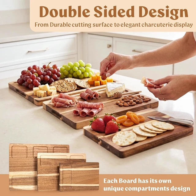 Alt view image 4 of 7 - Acacia Wood Cutting Boards for Kitchen Set of 3, Double sided