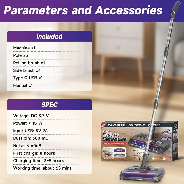 Alt view image 7 of 7 - Swivel Cordless Sweeper with LED Light,Floor Cordless Sweeper, Cordless Electric Sweeper, Rechargeable Cordless Sweeper, Hard Floor Sweeper Roller Sweeper,Lightweight Sweeper for Home Crumbs