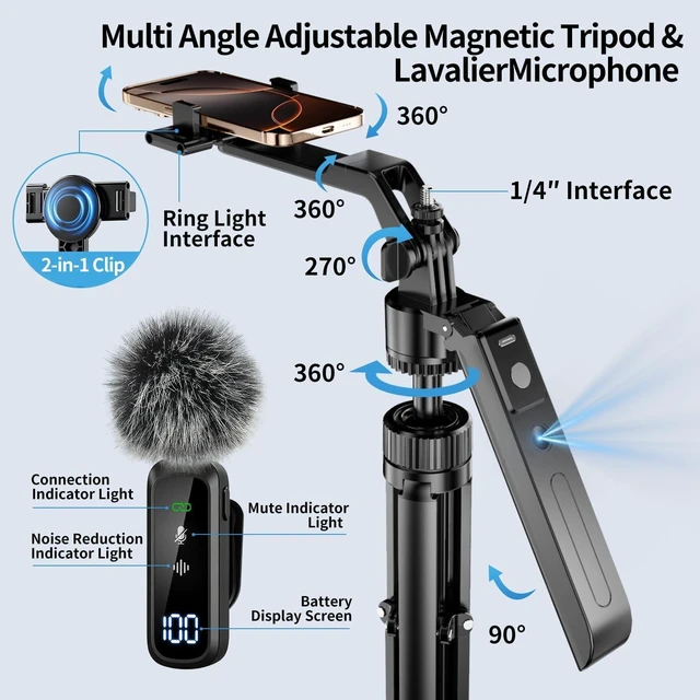 Alt view image 3 of 7 - Magnetic Vlogging Kit for iPhone/Android, 71" Auto Face Tracking Tripod for iPhone with Light, Magnetic Microphone/Remote Control, Content Creator Essentials Starter Kit for TikTok and YouTube
