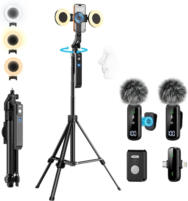 Main image of Magnetic Vlogging Kit for iPhone/Android, 71" Auto Face Tracking Tripod for iPhone with Light, Magnetic Microphone/Remote Control, Content Creator Essentials Starter Kit for TikTok and YouTube