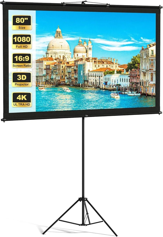 Main image of Projector Screen with Tripod Stand, Indoor Movie Screen, 80 in Portable Projection Screen, 16:9, 4K Display Washable Mobile Polyester Fabric Projector Screen for Backyard, Home Theater