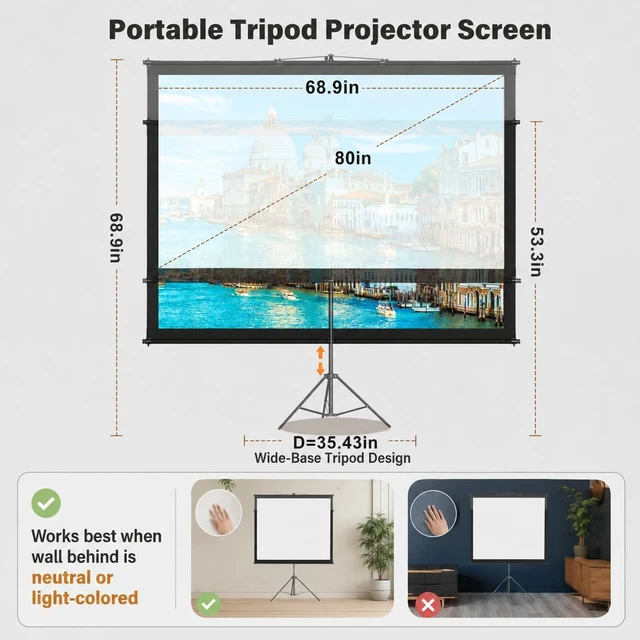Alt view image 5 of 7 - Projector Screen with Tripod Stand, Indoor Movie Screen, 80 in Portable Projection Screen, 16:9, 4K Display Washable Mobile Polyester Fabric Projector Screen for Backyard, Home Theater
