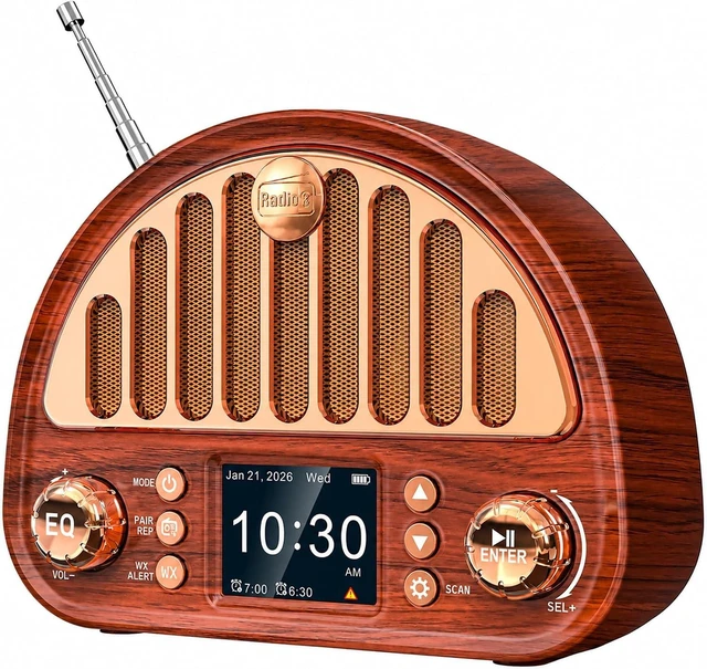 Main image of Retro Alarm Clock Radio with Bluetooth, Dual Alarms and NOAA Weather Alert
