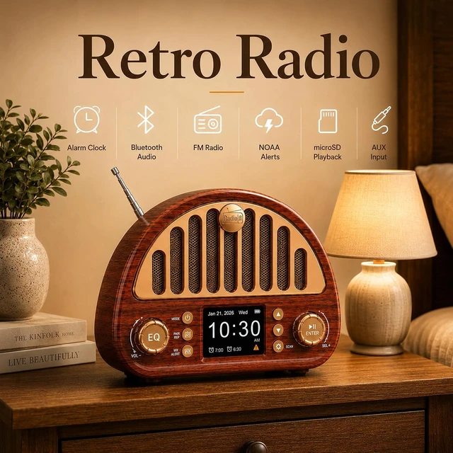 Alt view image 2 of 7 - Retro Alarm Clock Radio with Bluetooth, Dual Alarms and NOAA Weather Alert