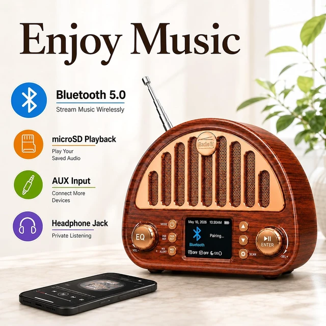 Alt view image 3 of 7 - Retro Alarm Clock Radio with Bluetooth, Dual Alarms and NOAA Weather Alert