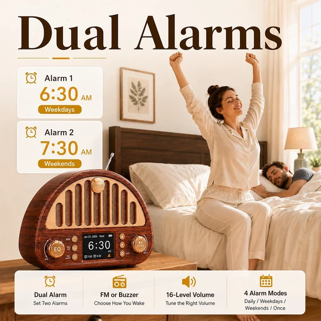 Alt view image 4 of 7 - Retro Alarm Clock Radio with Bluetooth, Dual Alarms and NOAA Weather Alert