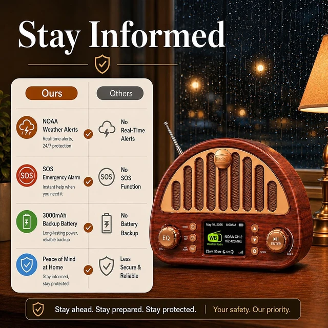 Alt view image 5 of 7 - Retro Alarm Clock Radio with Bluetooth, Dual Alarms and NOAA Weather Alert