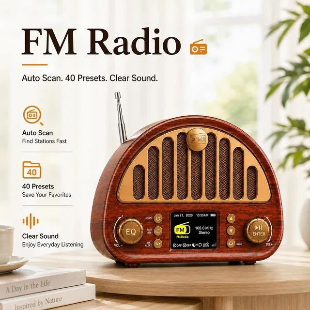 Alt view image 6 of 7 - Retro Alarm Clock Radio with Bluetooth, Dual Alarms and NOAA Weather Alert