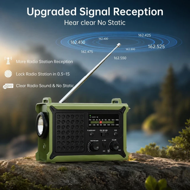 Alt view image 2 of 7 - 12000mAh/44400mWh Emergency Radio, NOAA Weather Radio, Hand Crank & Solar