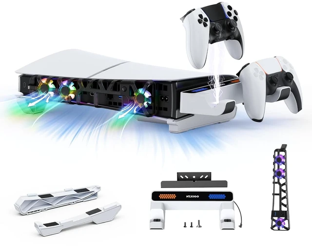 Main image of Slim Horizontal Stand for PS5 with Charging Station for Dual_Sense&Dual_Sense Edge Controllers,Silent Cooling Fan w/Intelligent Temperature Control, LED Indicators, White