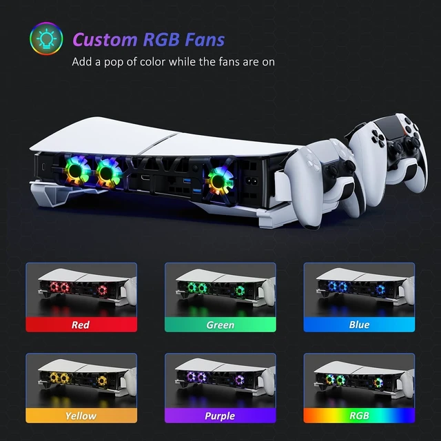 Alt view image 3 of 7 - Slim Horizontal Stand for PS5 with Charging Station for Dual_Sense&Dual_Sense Edge Controllers,Silent Cooling Fan w/Intelligent Temperature Control, LED Indicators, White