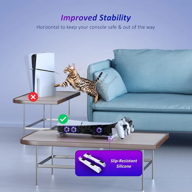 Alt view image 6 of 7 - Slim Horizontal Stand for PS5 with Charging Station for Dual_Sense&Dual_Sense Edge Controllers,Silent Cooling Fan w/Intelligent Temperature Control, LED Indicators, White