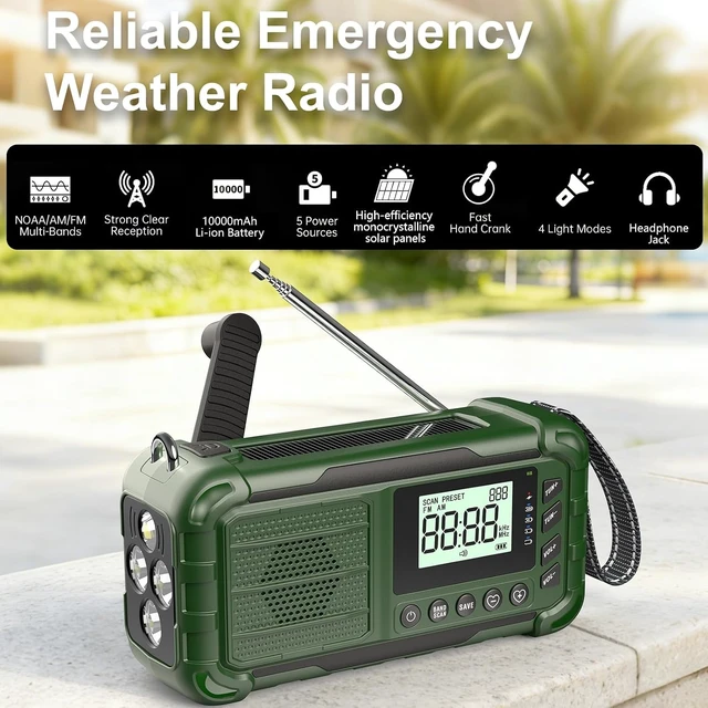 Alt view image 2 of 6 - Emergency NOAA Weather Radio, 10000mAh, Solar Hand Crank Radio with AM/FM