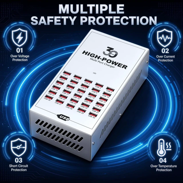 Alt view image 6 of 7 - 200W 30 Port Multiple USB Charging Station, Multiple Phone Charger Station with Intelligent Protection, Desktop Multi Port USB Hub for School/Hotel/Travel/Shop, Compatible with iPhone/ipad/Tablet