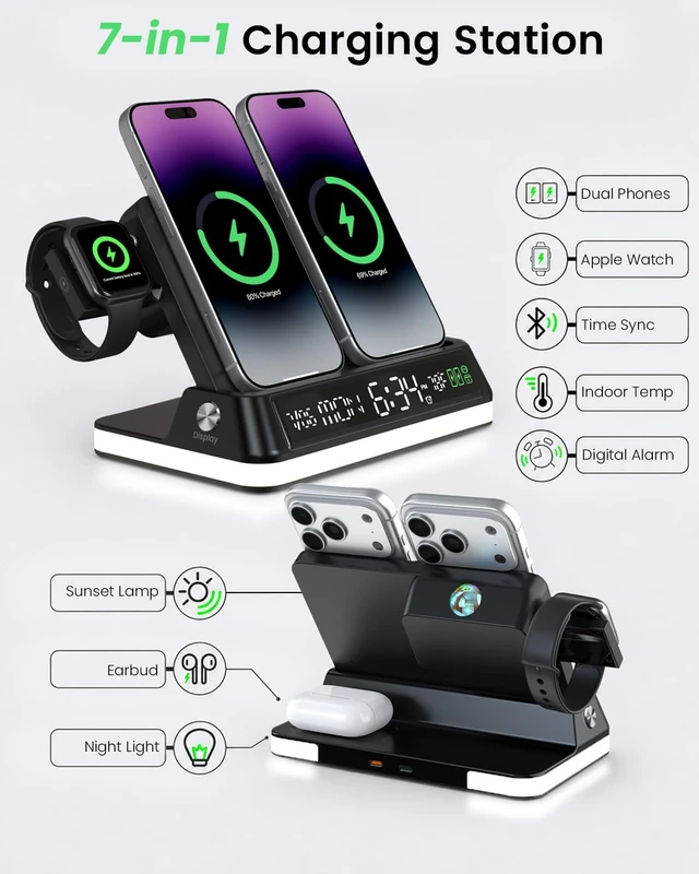 Alt view image 2 of 7 - 7 in 1 Wireless Charging Station with Auto-Sync Clock Sunset Night Light
