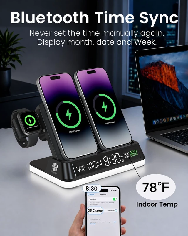 Alt view image 4 of 7 - 7 in 1 Wireless Charging Station with Auto-Sync Clock Sunset Night Light