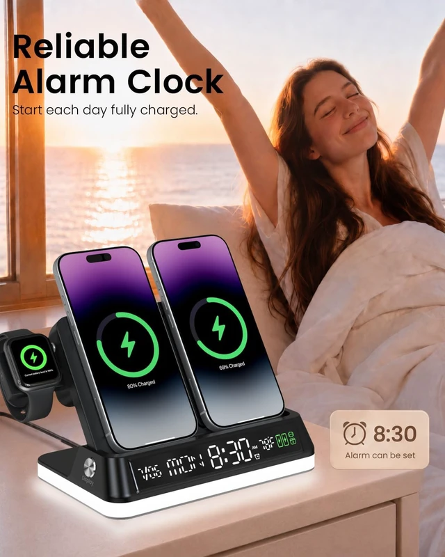 Alt view image 5 of 7 - 7 in 1 Wireless Charging Station with Auto-Sync Clock Sunset Night Light