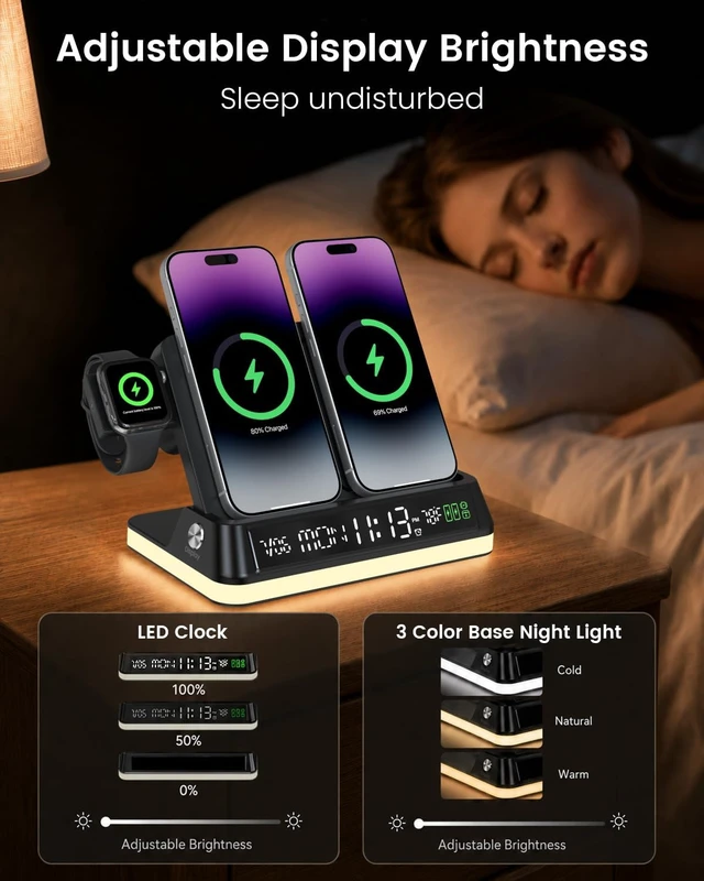 Alt view image 6 of 7 - 7 in 1 Wireless Charging Station with Auto-Sync Clock Sunset Night Light